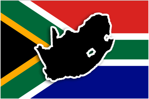 The South African flag with map of country superimposed.