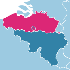 Belgium divided between Flanders (red) and Wallonia (blue), with Brussels Capital in the centre (hatched).
