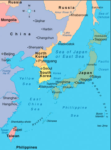 Korea in relation to its neighbours.