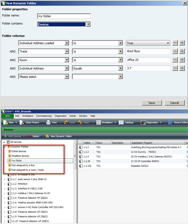  Example of a new Dynamic Folder (top) and how it is displayed in the Tree View (bottom).