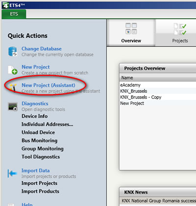 ETS4 Assistant can be found in the Quick Action Tab under New Project (Assistant).