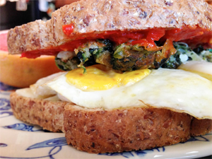 Gourmet sausage and egg sandwich.