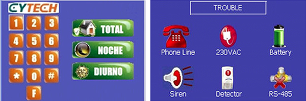 Example of on-screen alarm keypad in Spanish (left) and trouble conditions (right).