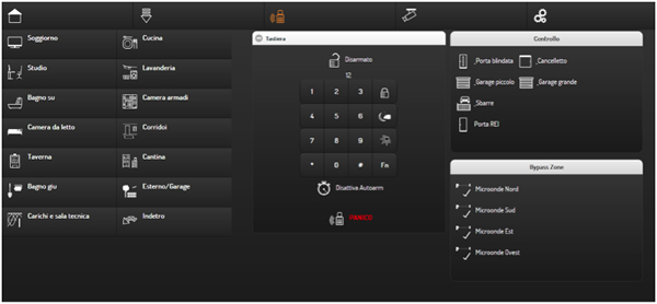 Italian example of security visualisation screen with alarm keypad at the centre.