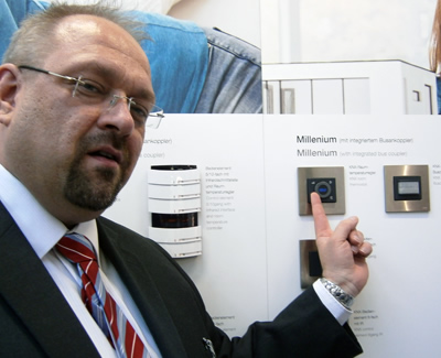 ABB's Christian Schiemann shows the Busch-Jäger Millenium KNX sensor.