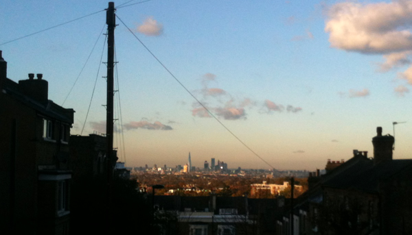 Sun setting on London on a mild winter's afternoon.