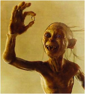Gollum jealously guarded the ring (from the film 'Lord of the Rings').