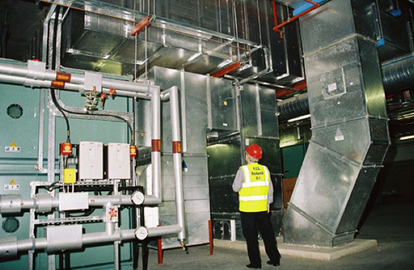 The plant room in a large-scale commercial or public setting.