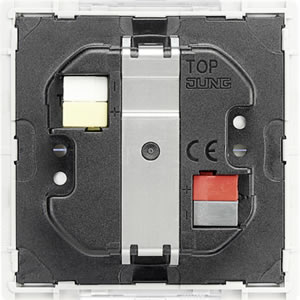 Rear of JUNG F50 showing easily accessible terminals for the KNX bus and a push-button sensor extension module.