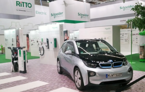 BMW i3 electric car shown on the Schneider stand during Light+Building 2014.