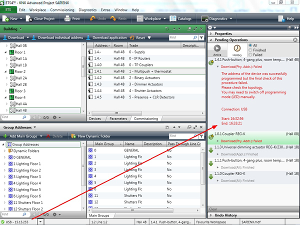 Screen showing failure when trying to program devices remotely. The USB interface is located in line 1.1. with Ph.Addr. 15.15.255.