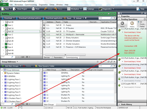 Programming devices locally and remotely. The USB interface is located in line 1.2. with wrong Ph.Addr. 1.1.255