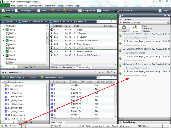 Programming devices locally and remotely. The USB interface is located in line 1.1. with Ph.Addr. 1.1.255.