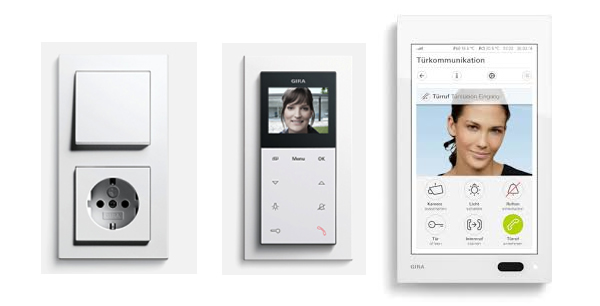 Decide on which areas require a simple switch such as the Gira Esprit (left) and which require something more comprehensive such as the Gira surface-mounted home station video (middle) and Gira G1 (right).