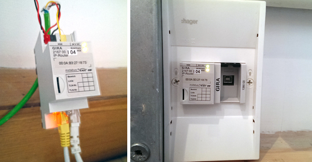 The KNX IP router during testing before installation(left) and in situ under the stairs (right).