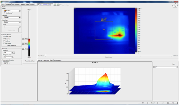 This picture was taken with a thermal imaging camera. The hotspot is in fact the cable connected to the MCB. The cable temperature is reading 186 degrees Fahrenheit. The image shows a massive heat build due to undersized cable.