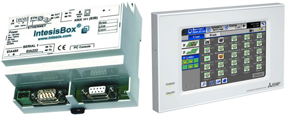 The IntesisBox ME-AC-KNX gateway (left) has been designed in collaboration with Mitsubishi Electric, to allow monitoring and bidirectional control of all the parameters and functionality of Mitsubishi Electric air conditioners using Mitsubishi G-50A, GB-50A or AG-150A (right) controllers in KNX installations.