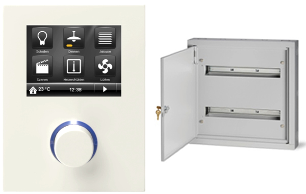 Examples of KNX products for the US market (left) the Siemens ConTouch room controller with touchscreen and manual activator, and (right) the Siemens lighting control cabinet that fits Gamma and other KNX din-rail mount devices.