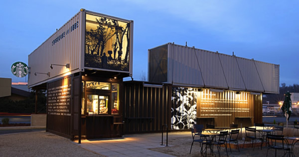 Starbucks coffee shop made of recycled containers.