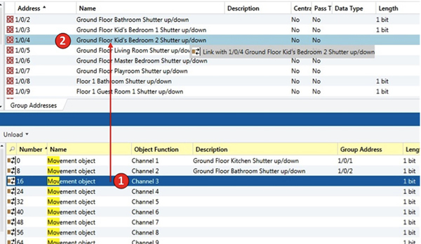 Figure 1 - Basic group address linking by drag-and-dropping the group object (1) to the group address (2).