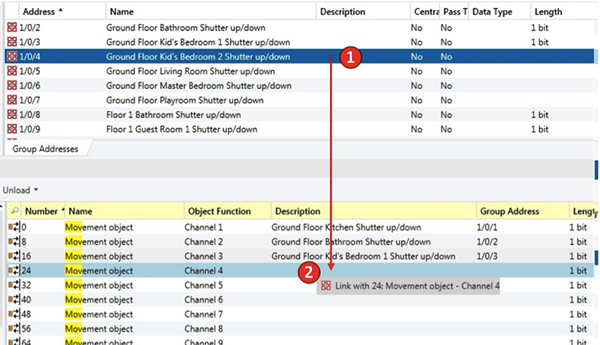 Figure 2 - Basic group address linking by drag-and-dropping the group address (1) to the group object (2).