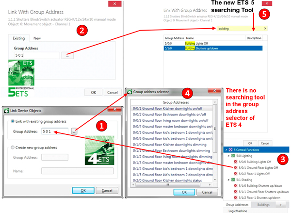 Figure 6 - Selection of the desired group address with the use of ETS 4 and ETS 5 group address selectors for fast group address linking.