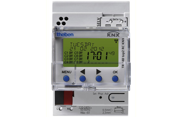 The Theben TR 648 Top2 RC KNX is an example of a DIN-rail-mountable digital time switch.