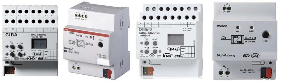 Some of many DALI modules available to KNX installers.