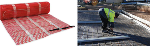 Electric under-floor heating mat (left), and flooring rebar grid before element cable is attached (right).