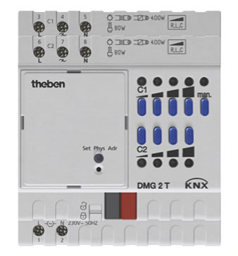The Theben DMG 2T is an example of a two-way universal dimmer actuator with individual scenes for each channel as well as individual feedback objects.