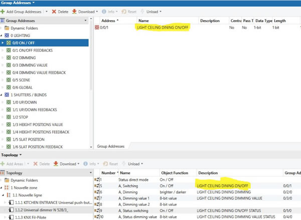 Example of group object’s description matching the main group address with which it is associated.