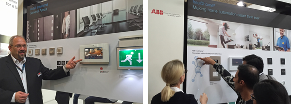(Left) ABB's Christian Schiemann showing the ABB KNX hotel solutions, and (right) the ABB free@home demonstration.