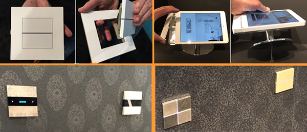 (Top left) the plaster-in version of the Basalte Sentido being demonstrated by Ivory Egg's Scott Burgess, (top right) the Eve iPad stand being demonstrated by Basalte's Koen Dekyvere, and (bottom) examples of the Sentido with metallic finishes.