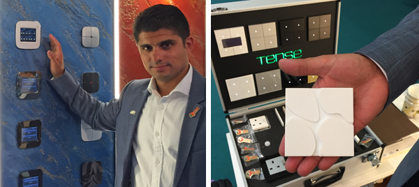 (Left) HoT's Rafal Borek showing Eelectron KNX switches on one of a number of Surfina wall surfaces, and (right) examples of Tense multitouch wall plates.