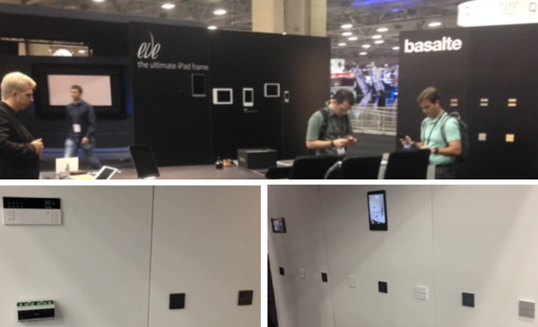 (Top) the Basalte stand at CEDIA 2015, (bottom left) Lutron Homeworks QS being controlled by Basalte switches, and (bottom right) Lutron-enabled keypads.