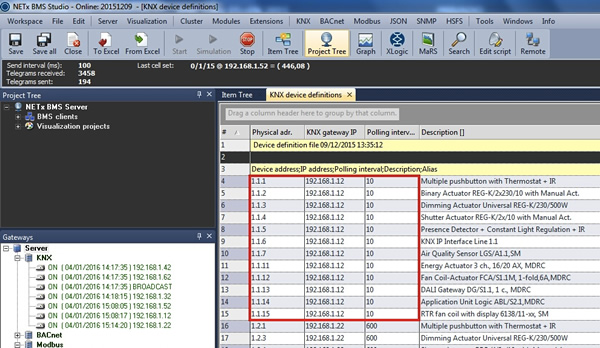 KNX Device definitions table (result after importing from NETx BMS APP)