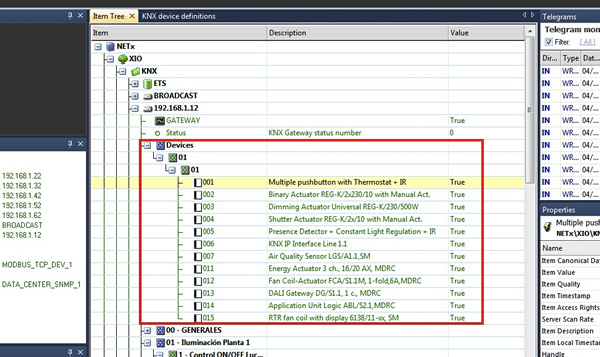 Physical KNX device view as shown in the Items tree of the NETxAutomation BMS Server (for Line 1.1)