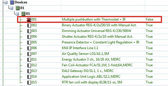 After a timeout, the BMS item tree shows that the single device is missing. Its status is FALSE.