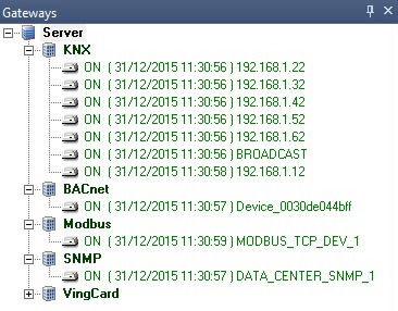 Gateways available after KNX, BACnet, Modbus and SNMP configuration.