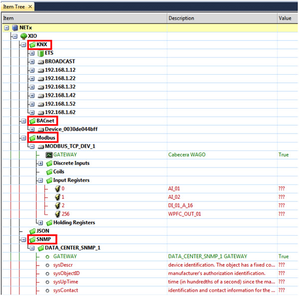 The final result - all project data points (KNX + BACnet + Modbus + SNMP) in the BMS Server item tree.