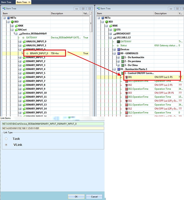 Example of a virtual link between a KNX and a BACnet variable.