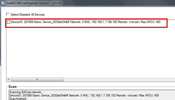 BACnet discovery tool. Step 1: device search.