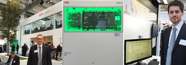 (Left) ABB's Igor Schitkow on the impressive ABB stand featuring real trees; (centre) the KNX-native Security Panel GM/A 8.1; (right) ABB's Thomas Rodenbusch-Mohr demonstrating the new Logic Controller.