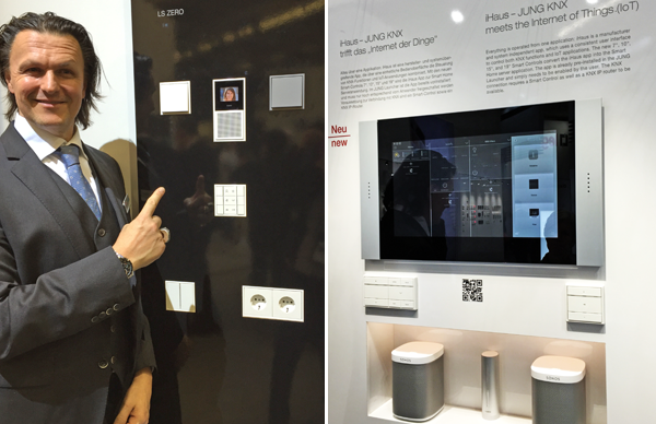 Jung's Michael Seeland showing the LS Zero flushmount switches, and (right) the iHaus app integrated with Jung KNX to control a wide range of functions including Sonos audio.