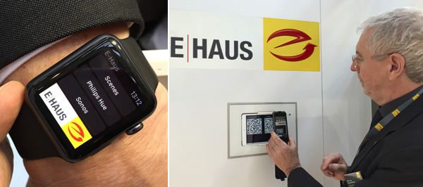 ZVEH's Bernd Dechert showing control of the E-Haus via smart watch (left) and QR code (right).