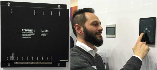 (Left) the Trivum SC348 four-zone multiroom audio system, and (right) Trivum's Antonio Raimondo demonstrating the Trivum TouchPad.