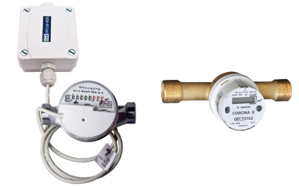 (Left) the Arcus KNX-IMPZ-WZ-M in-line water meter, and (right) the Lingg & Janke Corona E KNX water meter.