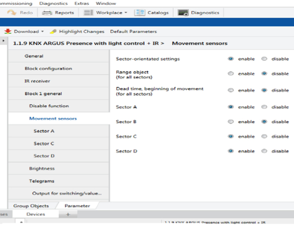 Presence detector parameter setting in ETS.