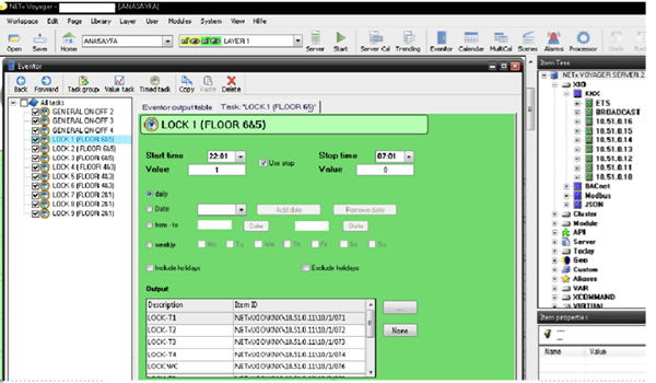 Using NETx Voyager visualisation software to lock all presence detectors in a building, using a timed task.