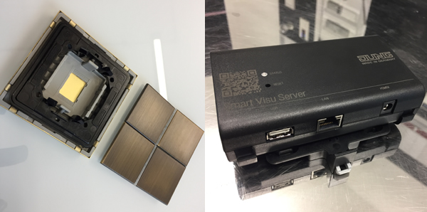 (Left) an example of the antique finish on a multifunction switch, and (right) the wall- or rail-mountable Smart Visu Server that uses a web browser to set up visualisation using an intuitive process.